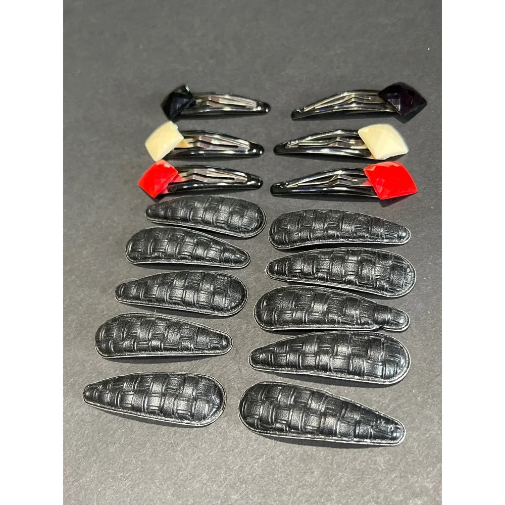 16pc Snap Hair Clip Bundle Faux Leather Woven & Gemstone Accent Black Red Cream
